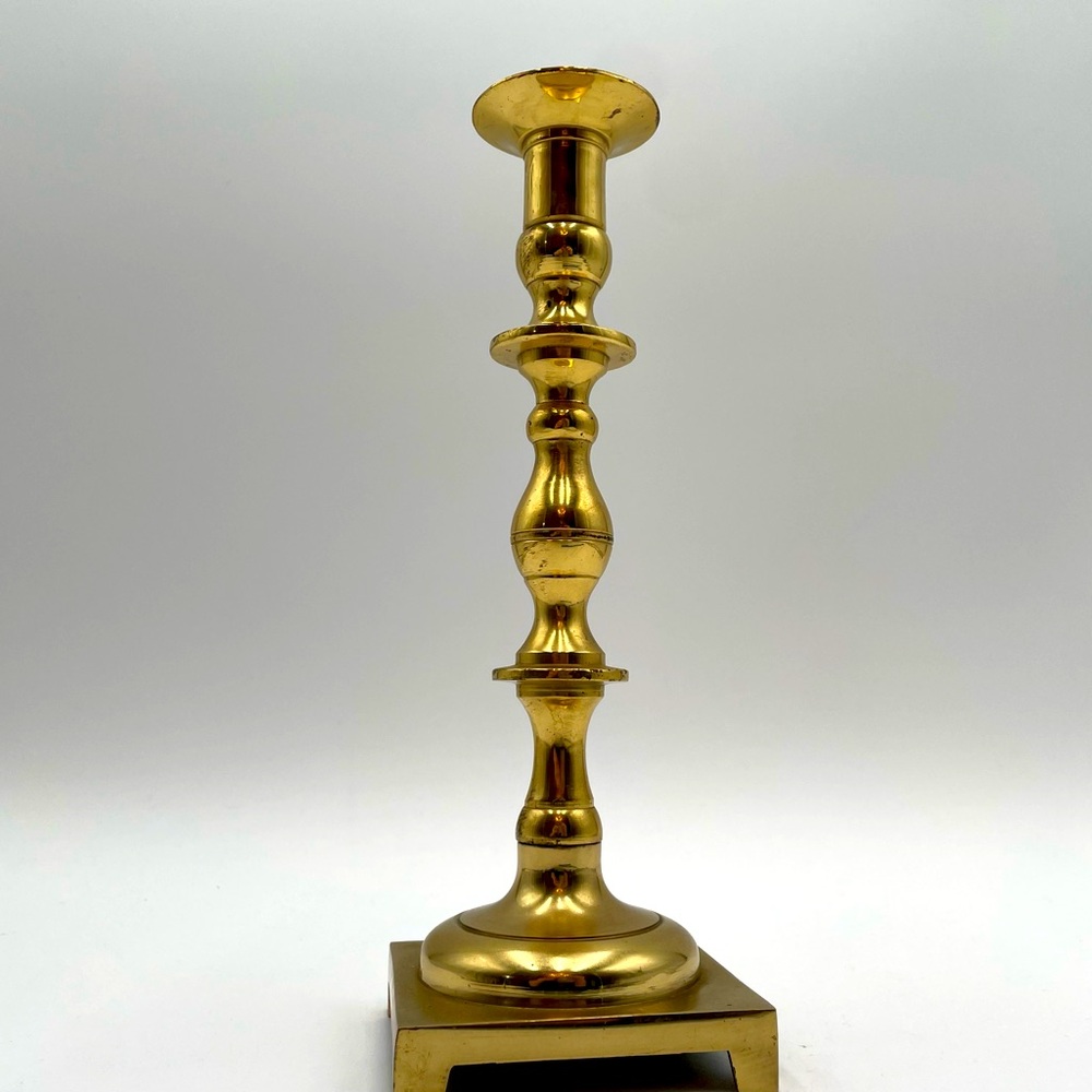 Brass Candlestick Holder Tall 10 Inches Square Base 3” Heavy Made In Chile